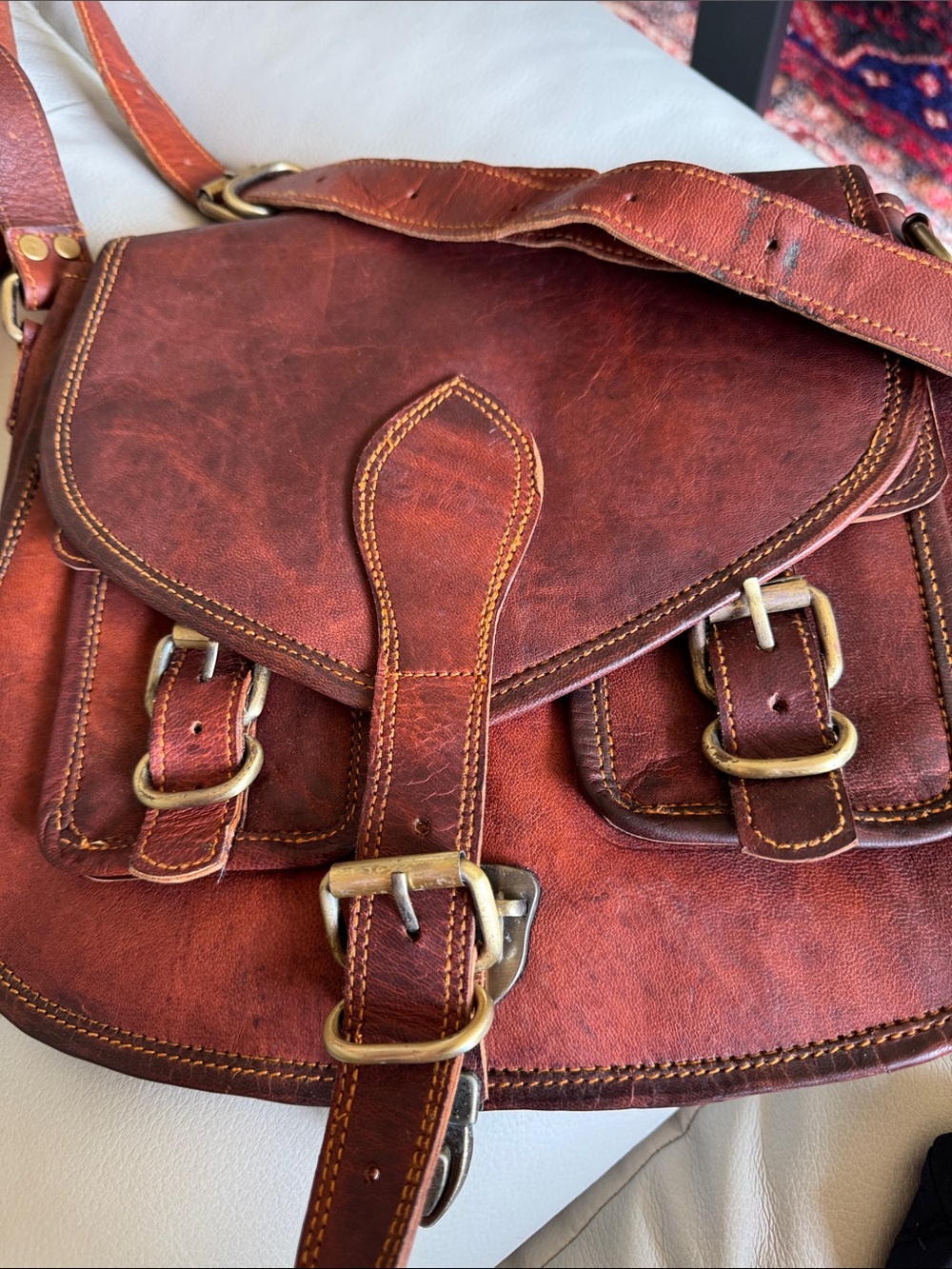 Vintage Brown Leather Saddle Bag with Brass Buckles